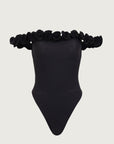 Rosette Off Shoulder One Piece (Faux Suede Black/Black)