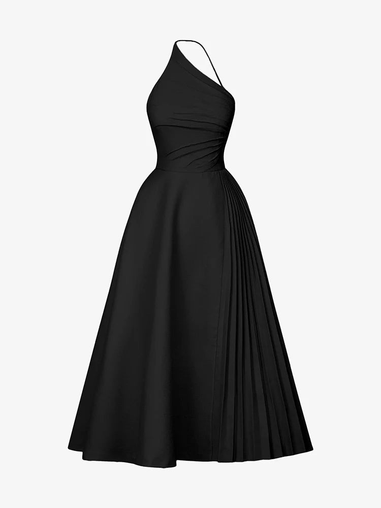 Slanted Shoulder Strap Irregular Pleated Pleated Maxi Dresses