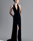 Della Slit Halter Neck Velvet Floor Length Dress - MEAN BLVD