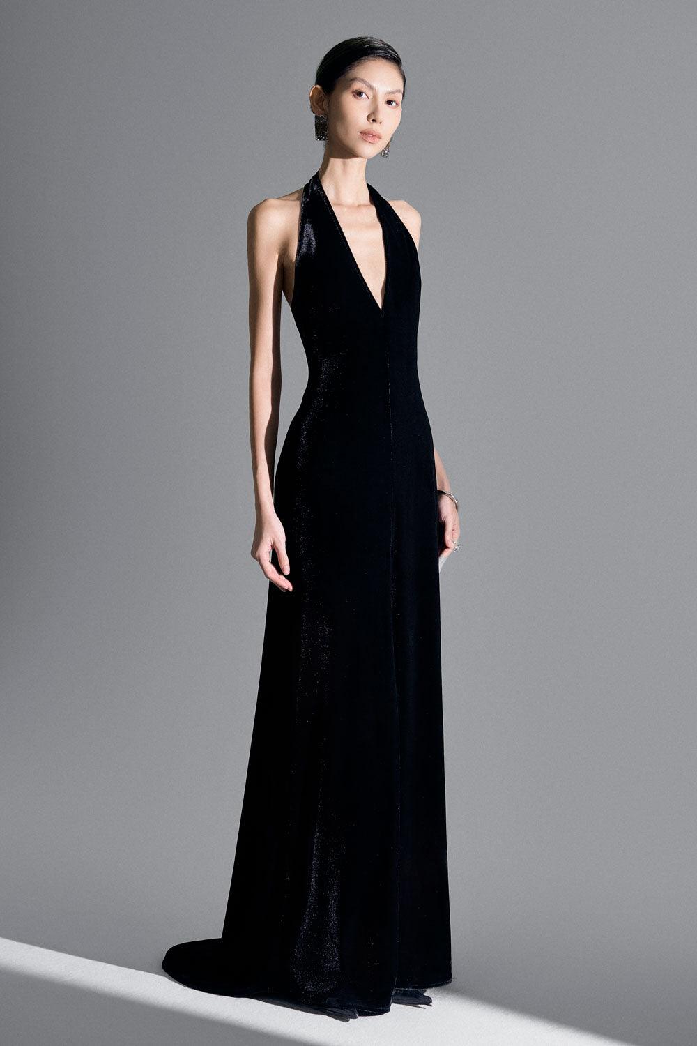 Della Slit Halter Neck Velvet Floor Length Dress - MEAN BLVD