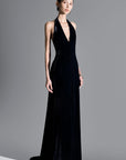 Della Slit Halter Neck Velvet Floor Length Dress - MEAN BLVD