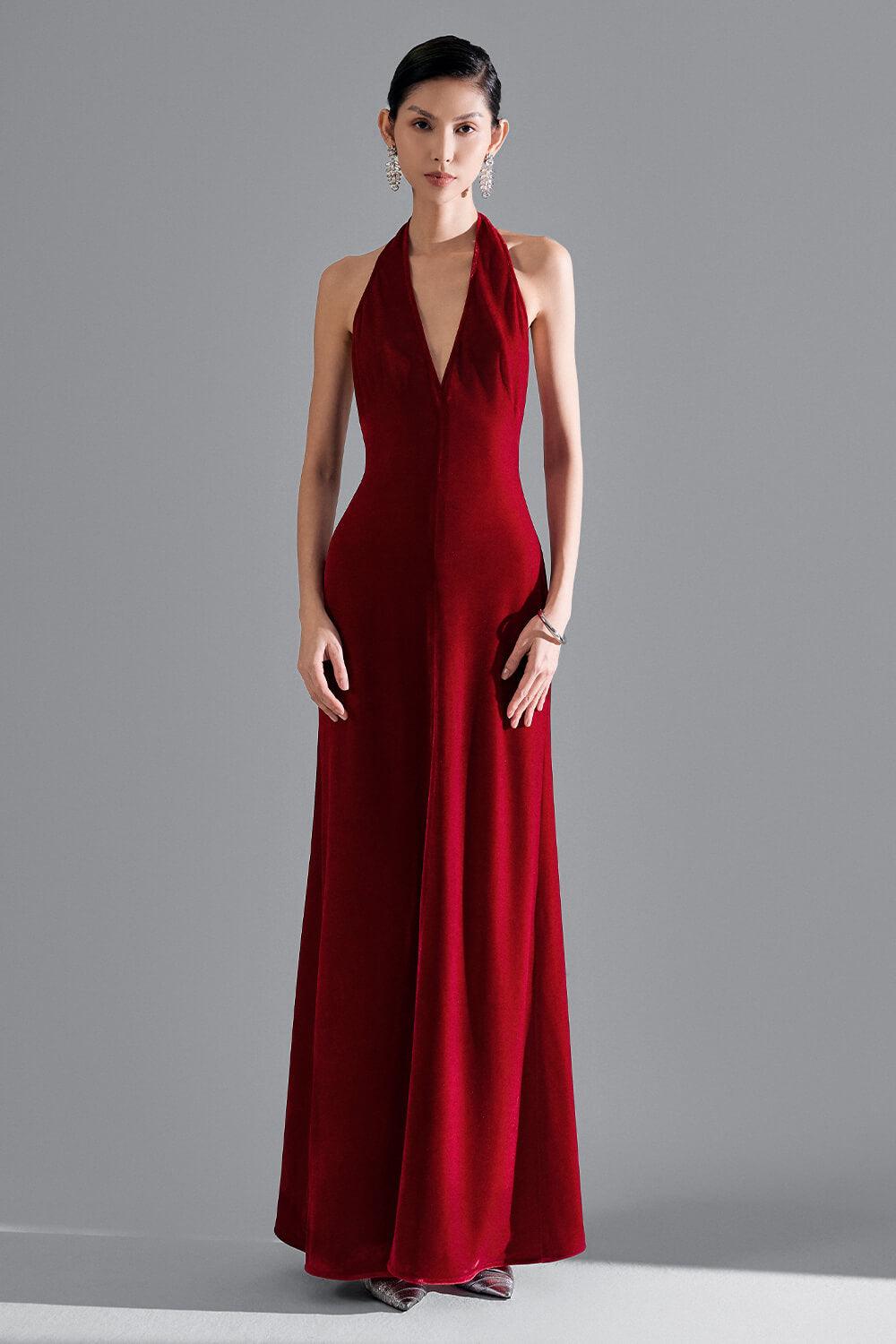 Della Slit Halter Neck Velvet Floor Length Dress - MEAN BLVD