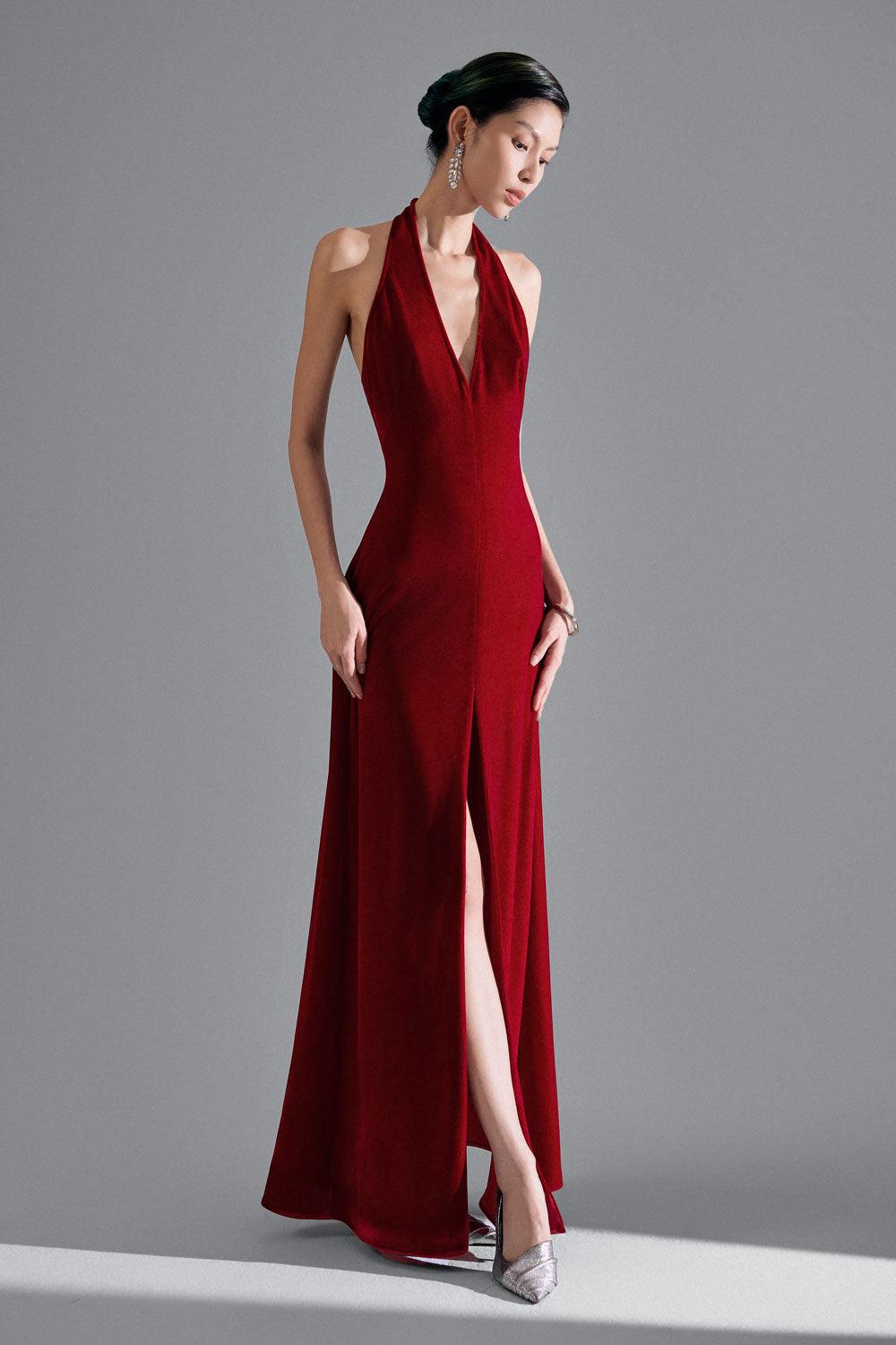 Della Slit Halter Neck Velvet Floor Length Dress - MEAN BLVD