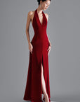 Della Slit Halter Neck Velvet Floor Length Dress - MEAN BLVD