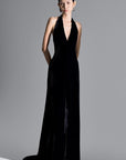 Della Slit Halter Neck Velvet Floor Length Dress - MEAN BLVD